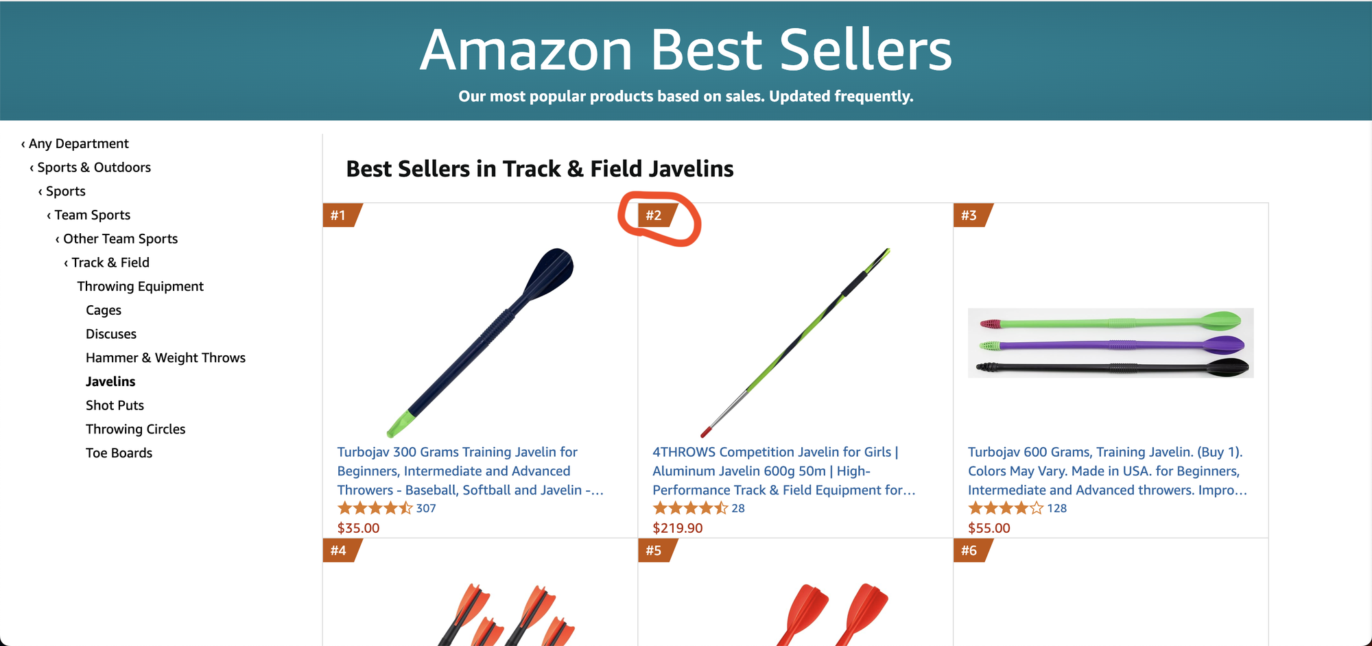 Amazon Best Sellers chart in Track & Field Javelins with a 4THROWS javelin in second position